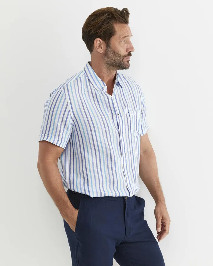 Sportscraft Fenton Short Sleeve Stripe Linen Shirt Blue Multi Men Shirts