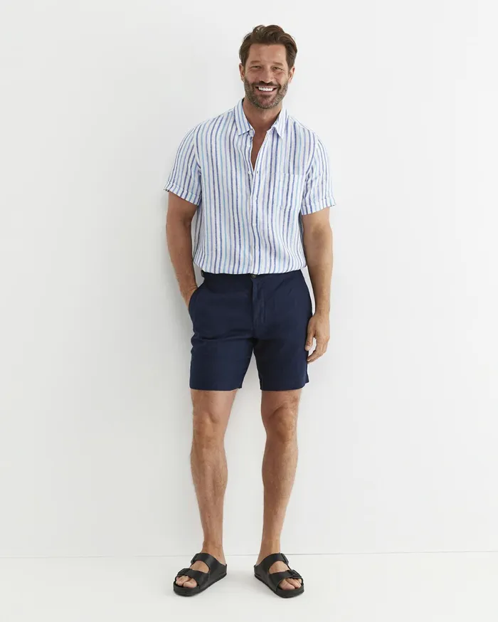 Sportscraft Fenton Short Sleeve Stripe Linen Shirt Blue Multi Men Shirts
