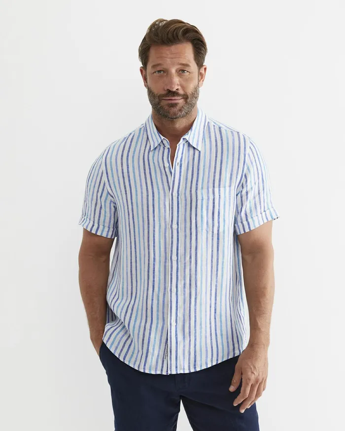 Sportscraft Fenton Short Sleeve Stripe Linen Shirt Blue Multi Men Shirts