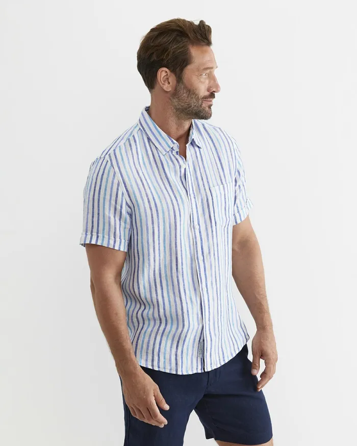 Sportscraft Fenton Short Sleeve Stripe Linen Shirt Blue Multi Men Shirts