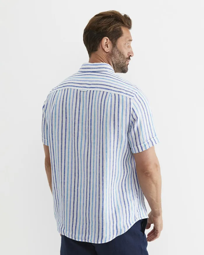 Sportscraft Fenton Short Sleeve Stripe Linen Shirt Blue Multi Men Shirts