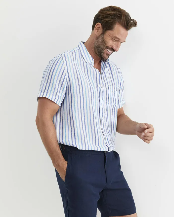 Sportscraft Fenton Short Sleeve Stripe Linen Shirt Blue Multi Men Shirts