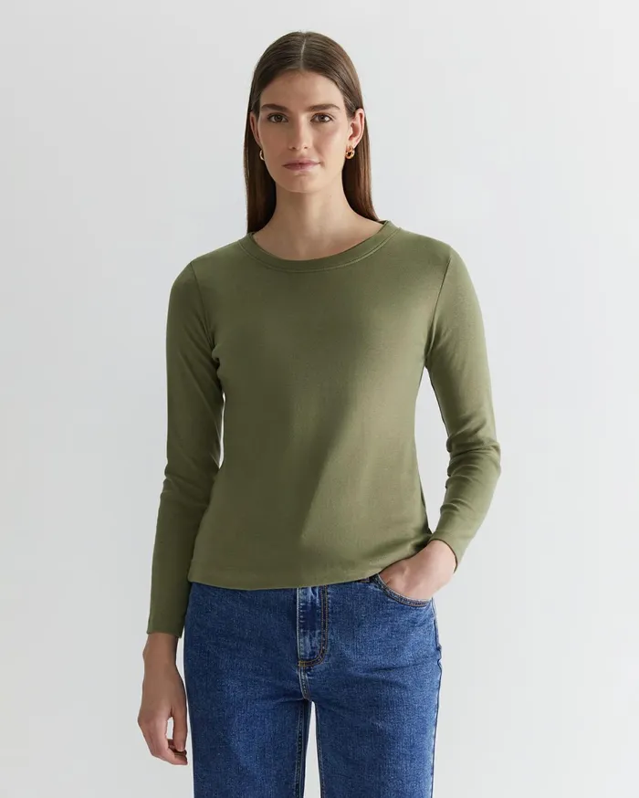 Sportscraft Heidi Long Sleeve Rib Tee Khaki Women Tops and Tees