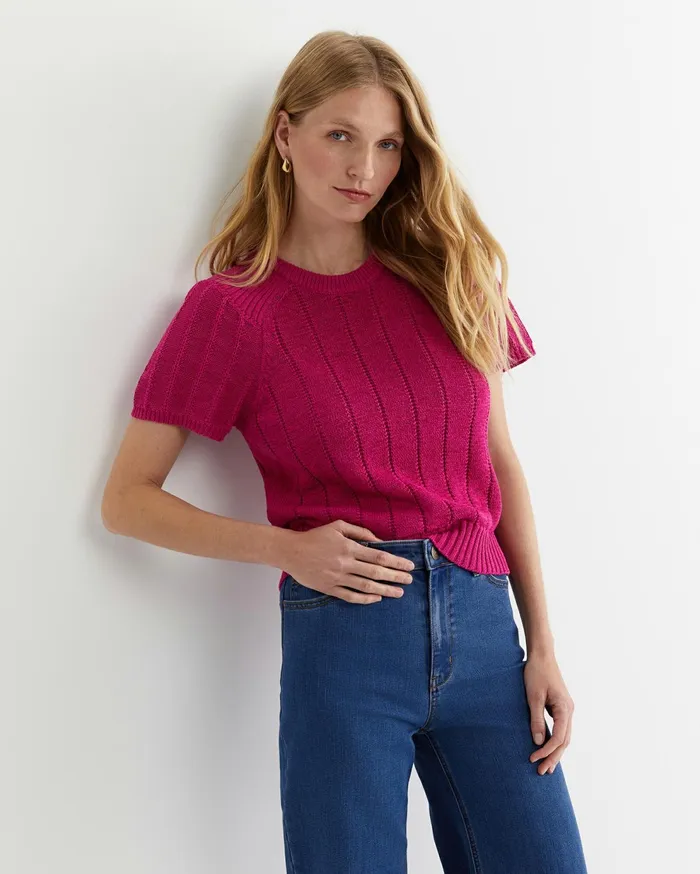 Sportscraft Josie Tape Yarn Flutter Top Berry Women Knits and Cardigans