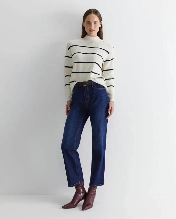 Sportscraft Merino Stripe Button Knit Whitenavy Women Knits and Cardigans