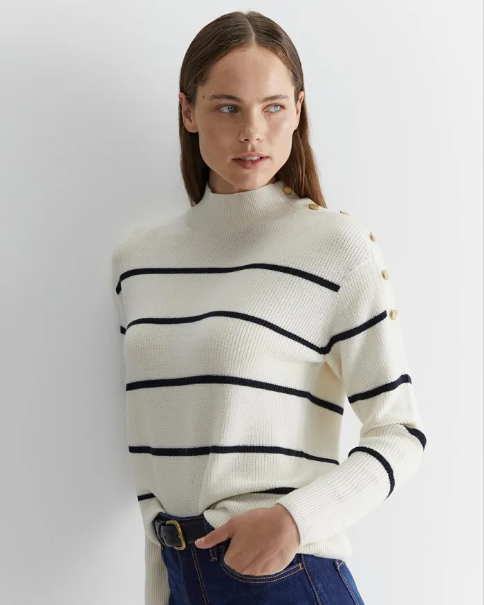 Sportscraft Merino Stripe Button Knit Whitenavy Women Knits and Cardigans