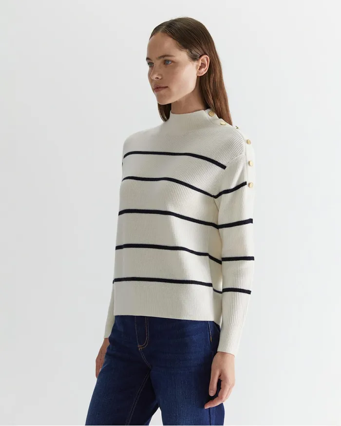 Sportscraft Merino Stripe Button Knit Whitenavy Women Knits and Cardigans