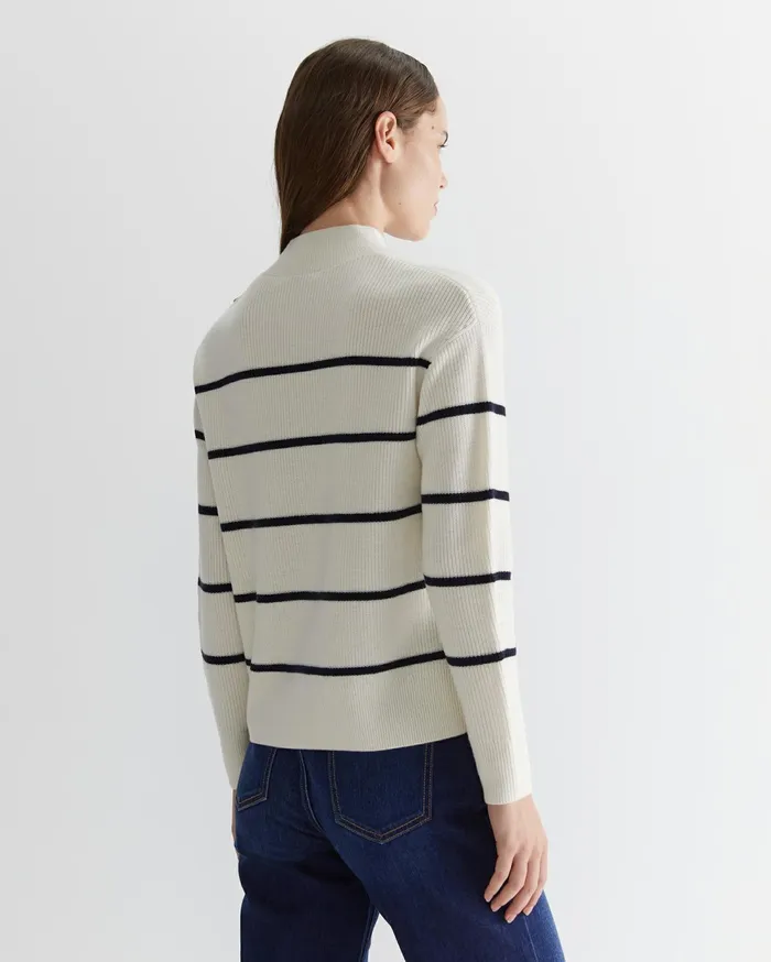 Sportscraft Merino Stripe Button Knit Whitenavy Women Knits and Cardigans
