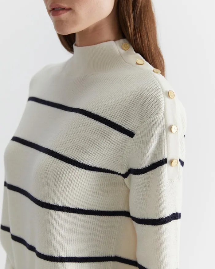 Sportscraft Merino Stripe Button Knit Whitenavy Women Knits and Cardigans