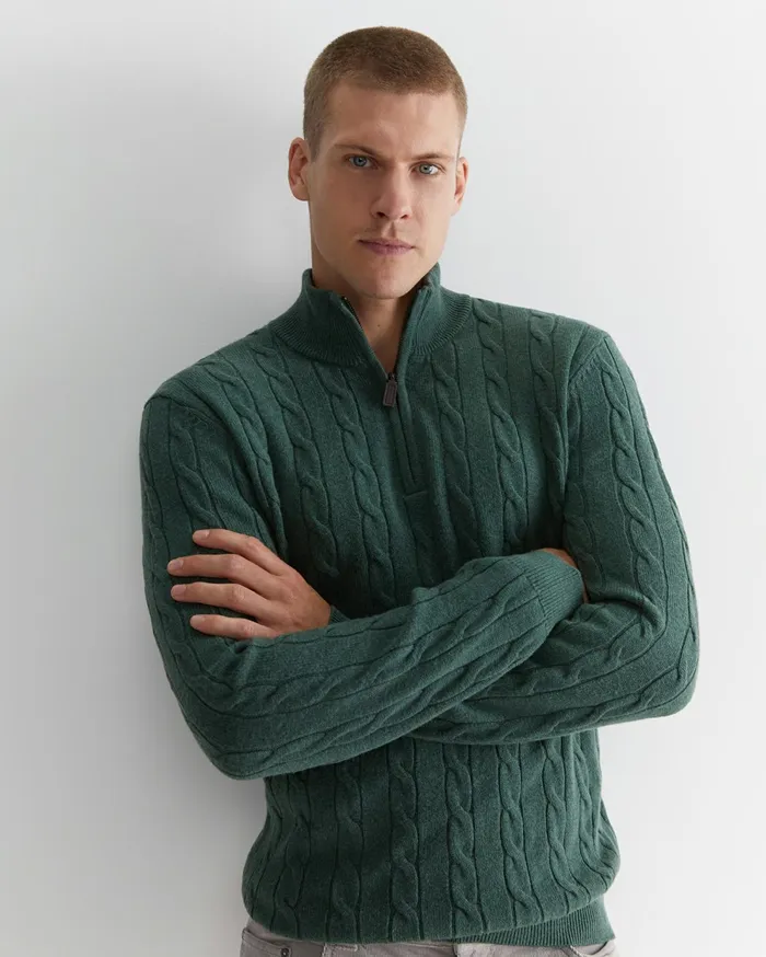 Sportscraft Munro Cable Wool Quarter Zip Green Melange Men Jackets and Blazers
