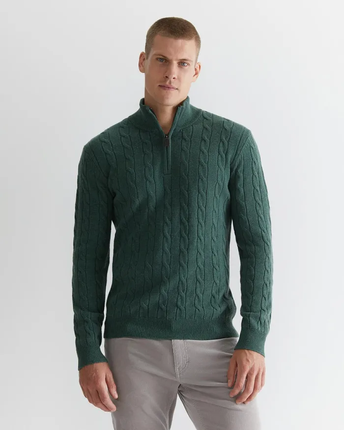 Sportscraft Munro Cable Wool Quarter Zip Green Melange Men Jackets and Blazers
