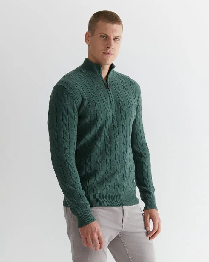 Sportscraft Munro Cable Wool Quarter Zip Green Melange Men Jackets and Blazers