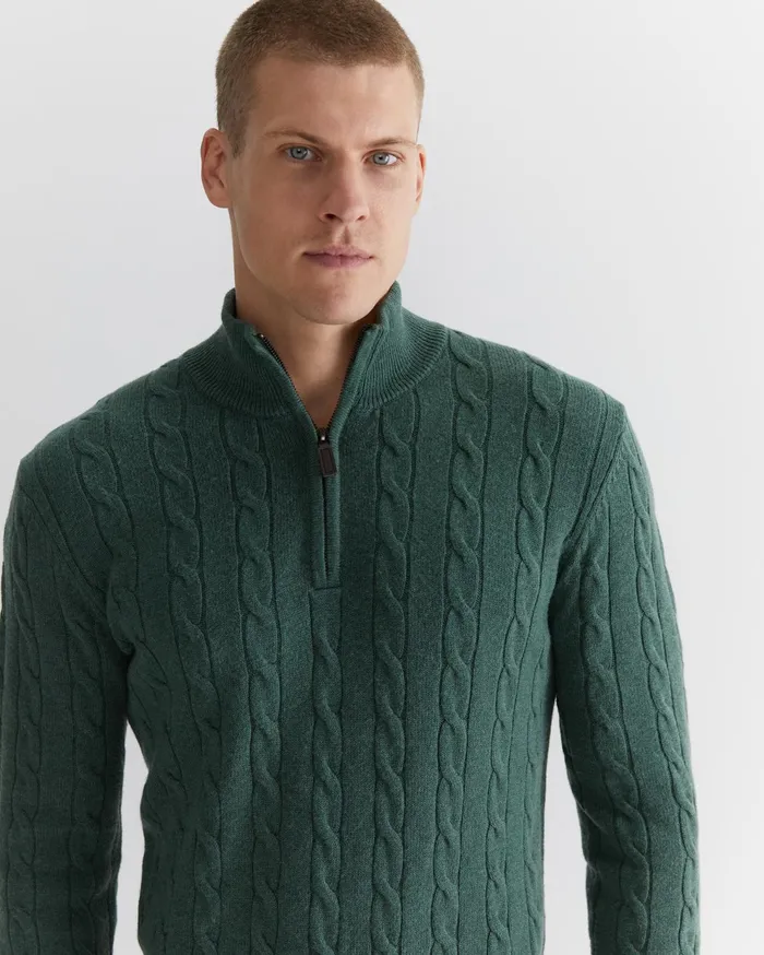 Sportscraft Munro Cable Wool Quarter Zip Green Melange Men Jackets and Blazers