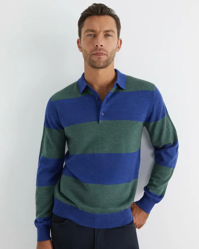 Sportscraft Stripe Wool Knit Polo Navy Multi Men Knitwear