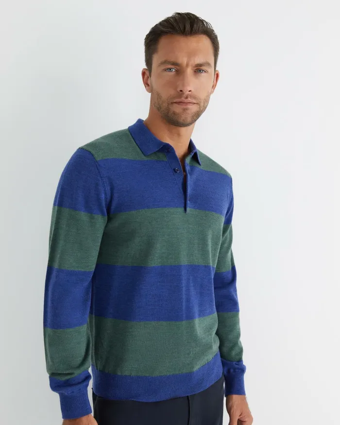 Sportscraft Stripe Wool Knit Polo Navy Multi Men Knitwear