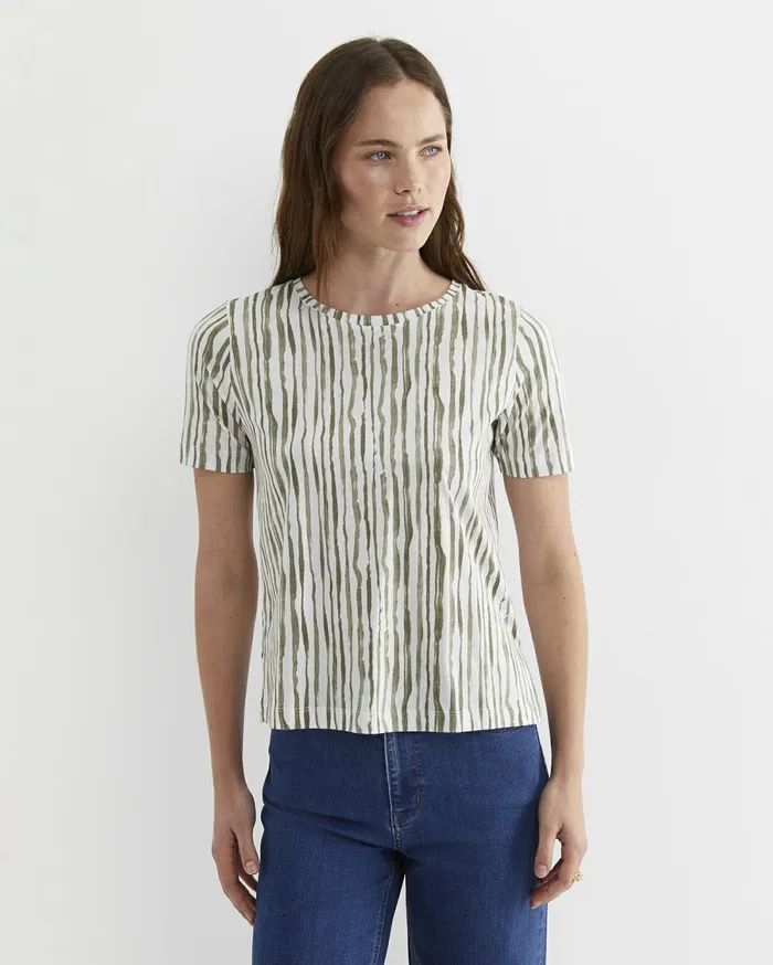 Sportscraft Tina Stripe Mercerised Tee Whitekhaki Women Tops and Tees