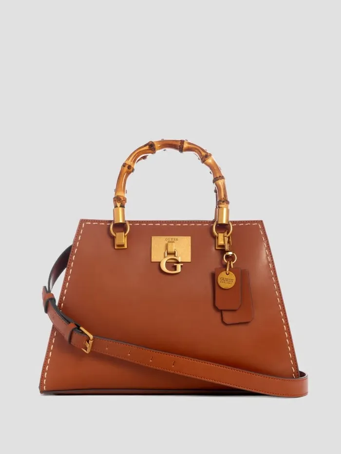 Stephi Bamboo Handle Satchel Cognac Women Handbags GUESS