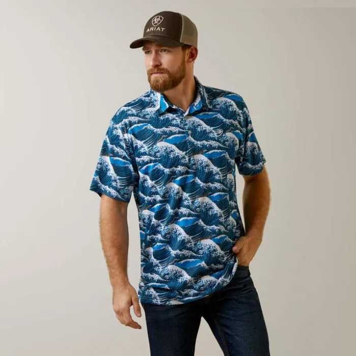 TShirts and Polos Men Ariat Printed Western Aloha Polo Hawaiian Ocean