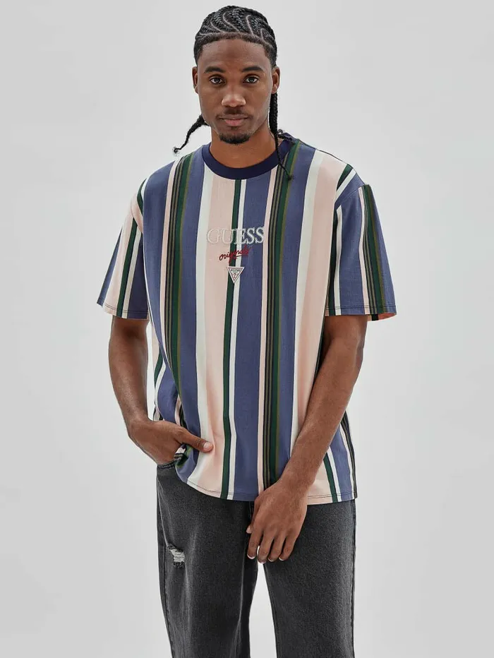 TShirts and Tanks GUESS Originals Eco Stiped Logo Tee Sandy Shore Multi GUESS Men TShirts and Tanks GUESS Originals Eco Stiped Logo Tee Sandy Shore Multi GUESS Men
