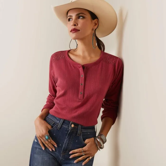 TShirts and Tops Women Ariat Pointelle Henley Top Earth Red