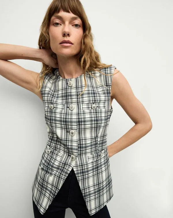 Tamara Plaid Vest Ivoryandnavy Women Veronica Beard Jackets and Outerwear