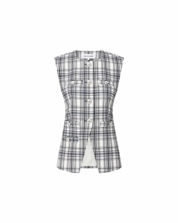 Tamara Plaid Vest Ivoryandnavy Women Veronica Beard Jackets and Outerwear Tamara Plaid Vest Ivoryandnavy Women Veronica Beard Jackets and Outerwear