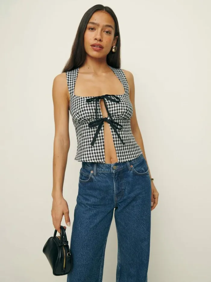 The Reformation Azalea Linen Top April Check 8211 Clothing
