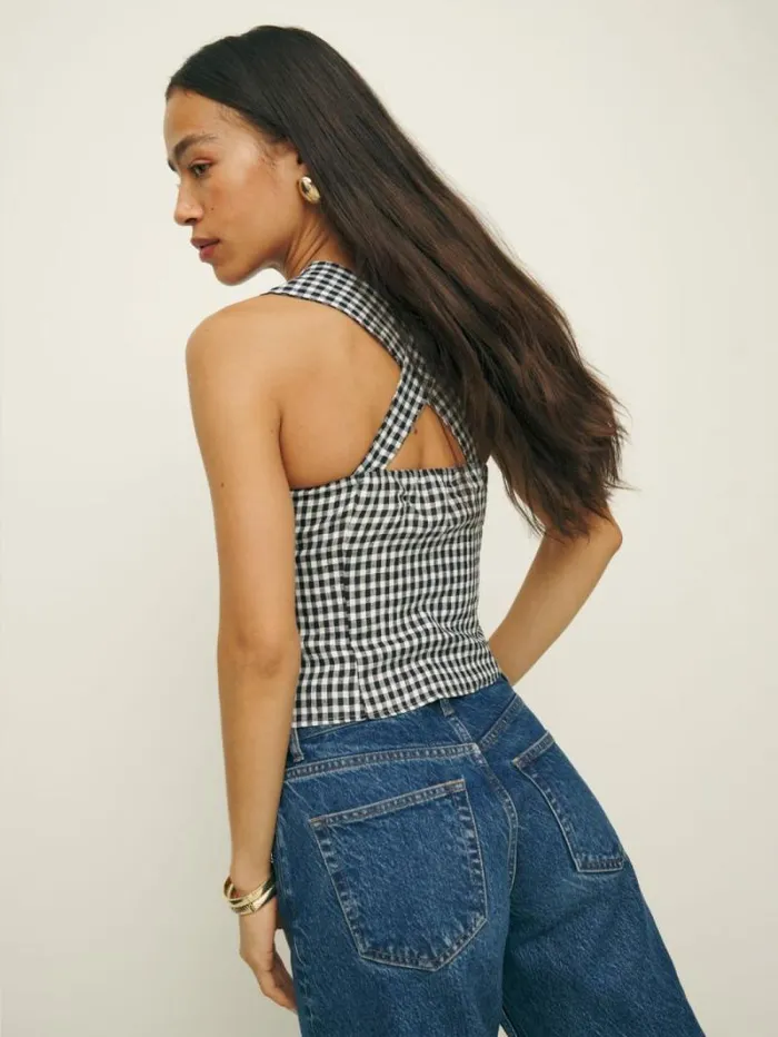 The Reformation Azalea Linen Top April Check 8211 Clothing