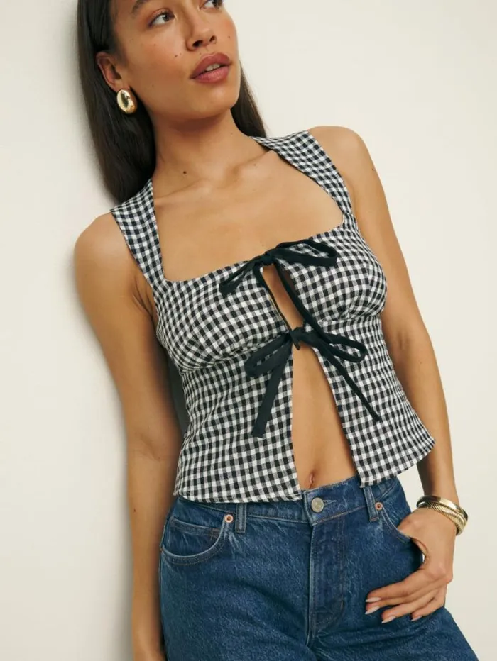 The Reformation Azalea Linen Top April Check 8211 Clothing