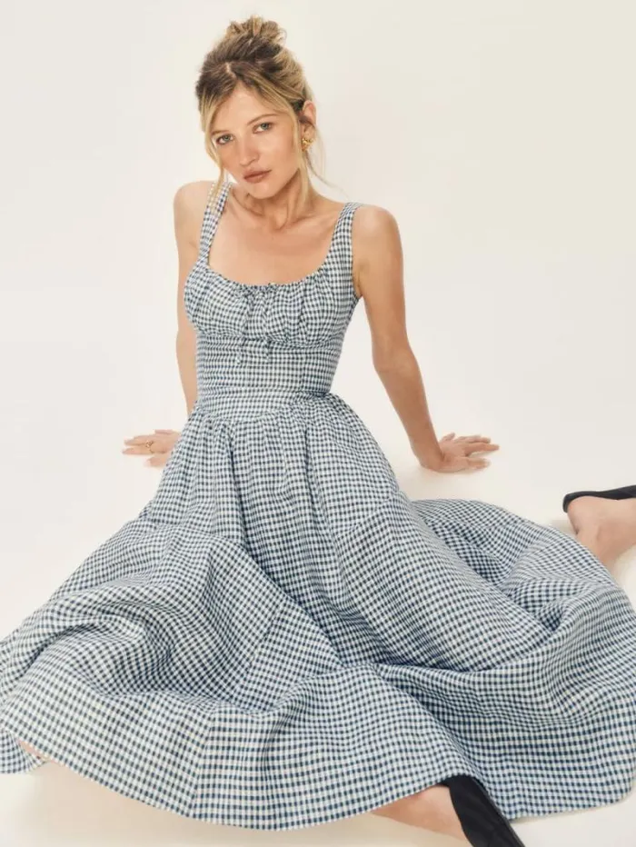 The Reformation Balia Linen Dress Slate Check 8211 Clothing