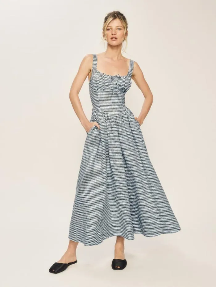 The Reformation Balia Linen Dress Slate Check 8211 Clothing