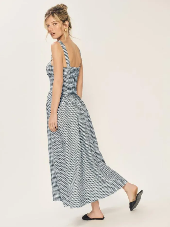 The Reformation Balia Linen Dress Slate Check 8211 Clothing