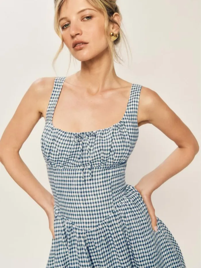 The Reformation Balia Linen Dress Slate Check 8211 Clothing