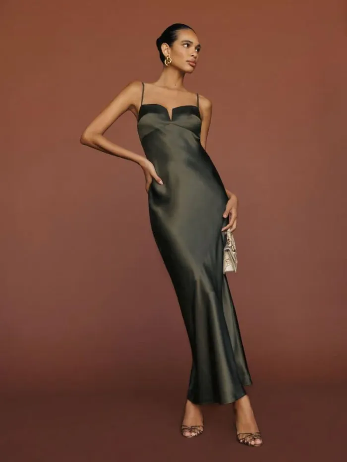 The Reformation Brie Silk Dress Pine Tree 8211 ClothingWeddings