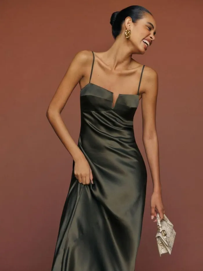 The Reformation Brie Silk Dress Pine Tree 8211 ClothingWeddings