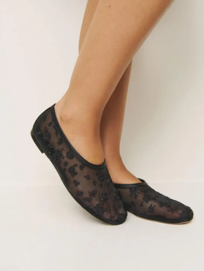 The Reformation Britt Ballet Flat Black Embroidered Mesh 8211 Shoes
