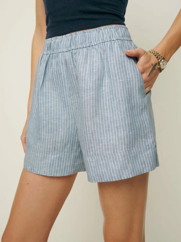 The Reformation Charlotte Linen Short Cornflower Stripe 8211 Clothing