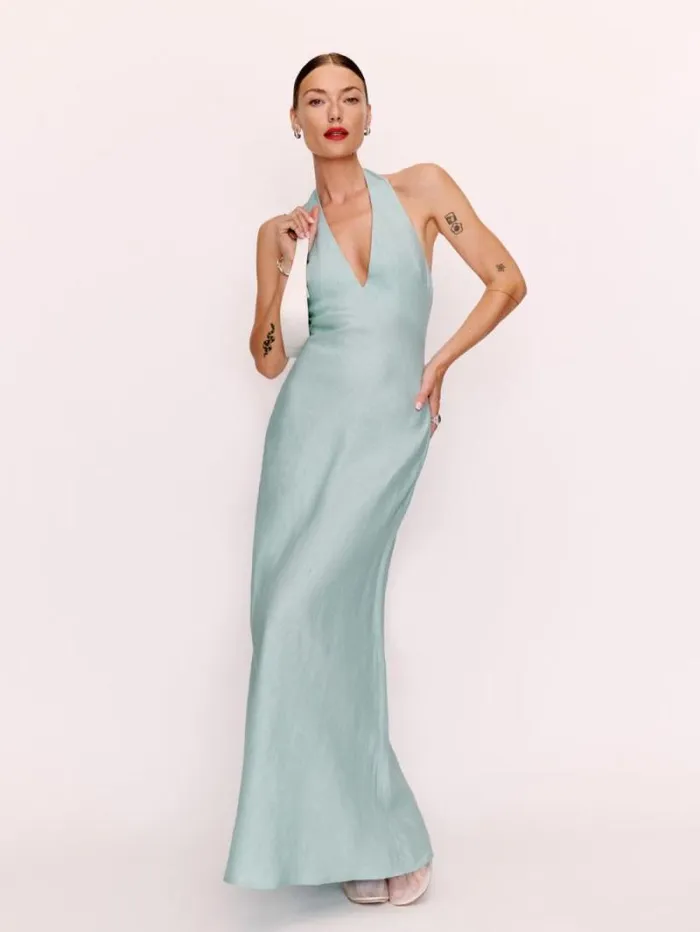 The Reformation Delilah Linen Dress Aquamarine 8211 Clothing