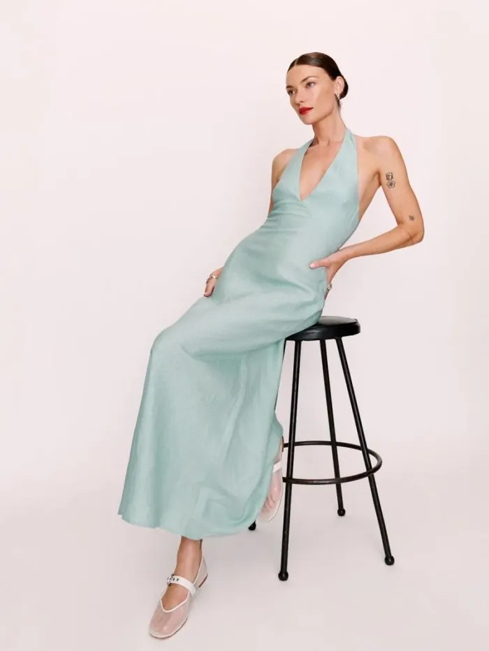 The Reformation Delilah Linen Dress Aquamarine 8211 Clothing