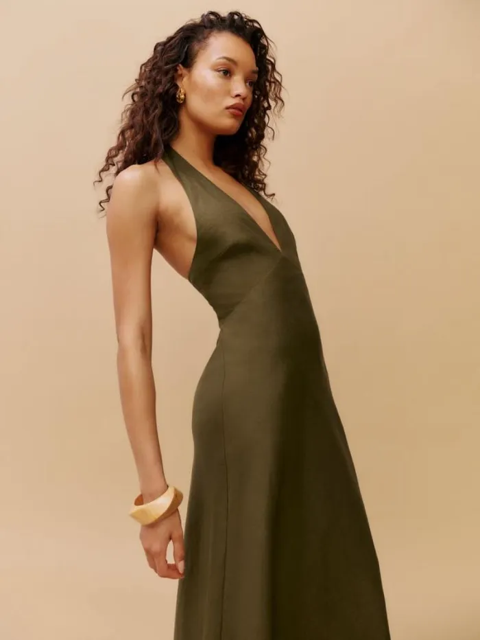 The Reformation Delilah Linen Dress Dark Olive 8211 Clothing