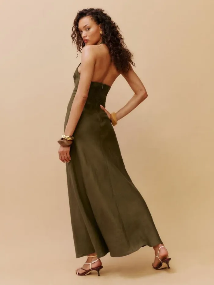 The Reformation Delilah Linen Dress Dark Olive 8211 Clothing