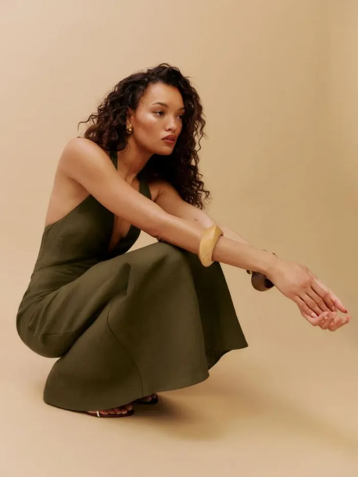 The Reformation Delilah Linen Dress Dark Olive 8211 Clothing