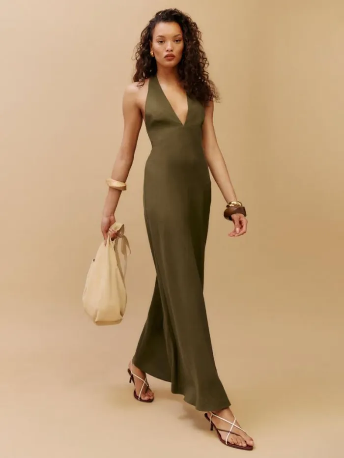 The Reformation Delilah Linen Dress Dark Olive 8211 Clothing