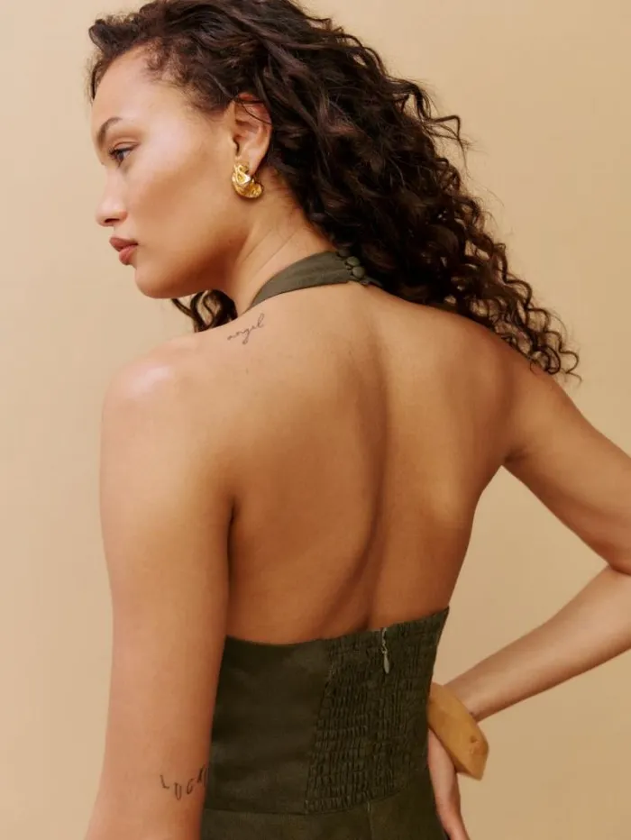 The Reformation Delilah Linen Dress Dark Olive 8211 Clothing