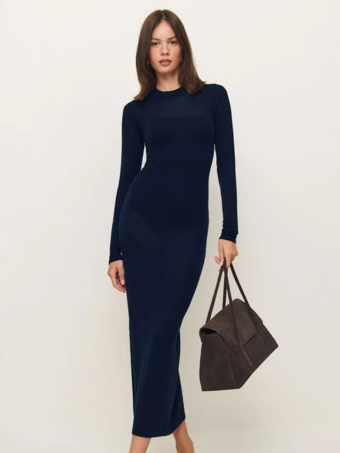 The Reformation Eva Regenerative Merino Sheer Sweater Dress Navy 8211 Clothing