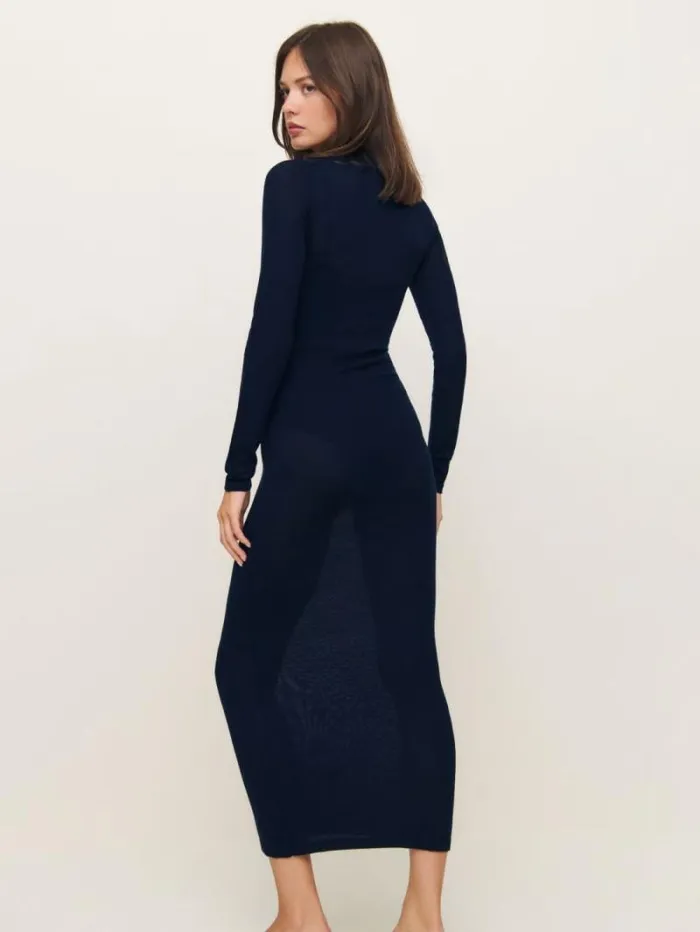 The Reformation Eva Regenerative Merino Sheer Sweater Dress Navy 8211 Clothing