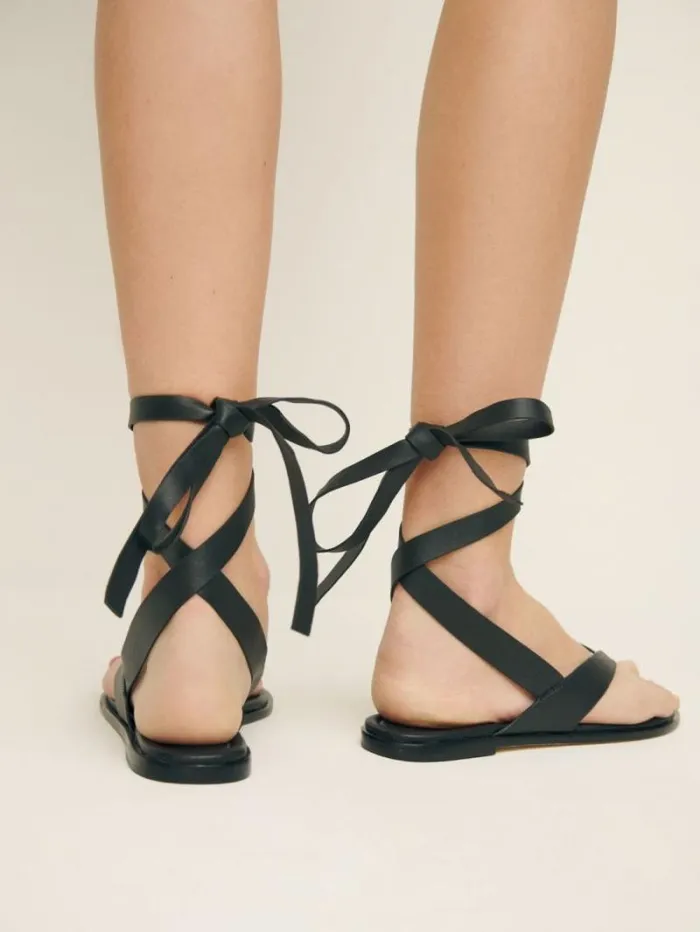 The Reformation Justine Lace Up Thong Sandal Black Leather 8211 Shoes