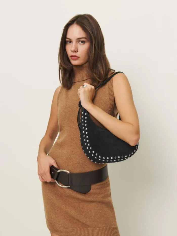 The Reformation Medium Rosetta Shoulder Bag Black Suede With Studs 8211 Bags