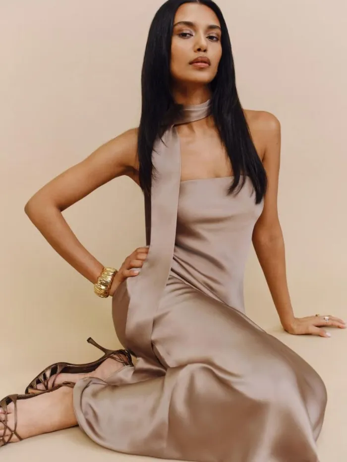 The Reformation Oren Silk Dress Macadamia 8211 Weddings