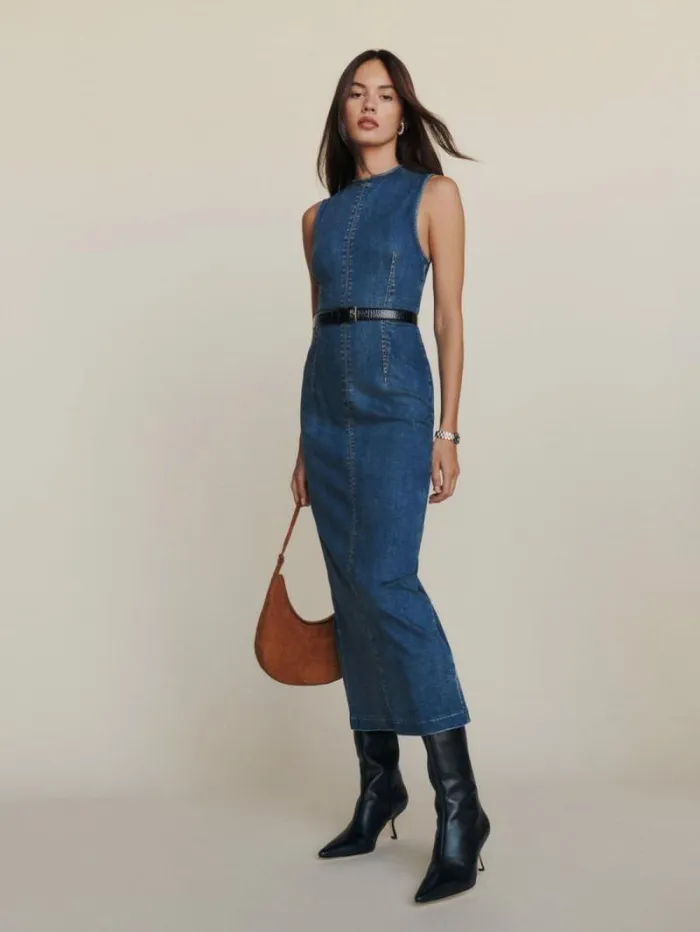 The Reformation Petites Kendi Denim Midi Dress Bleu 8211 Clothing